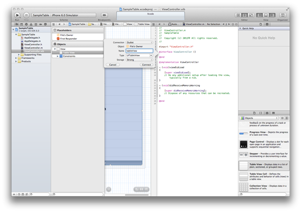 3_Interface Builder のテーブルビューから右マウスクリックでヘッダに IBOutlet 宣言を作成する